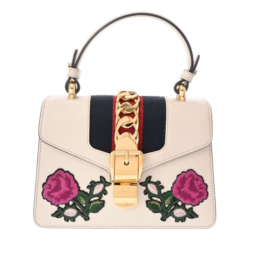 GUCCI Sylvie Flower Embroidery White Leather Canvas Handbag - Picture 1 of 11